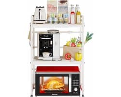 SnelShoppen - Expandable Microwave Rack - 3-Layer Keuken Magnetron Stand - Carbon Staal Countertop Magnetron Houder - 8 Haakjes - Wit - Keuken/Dining