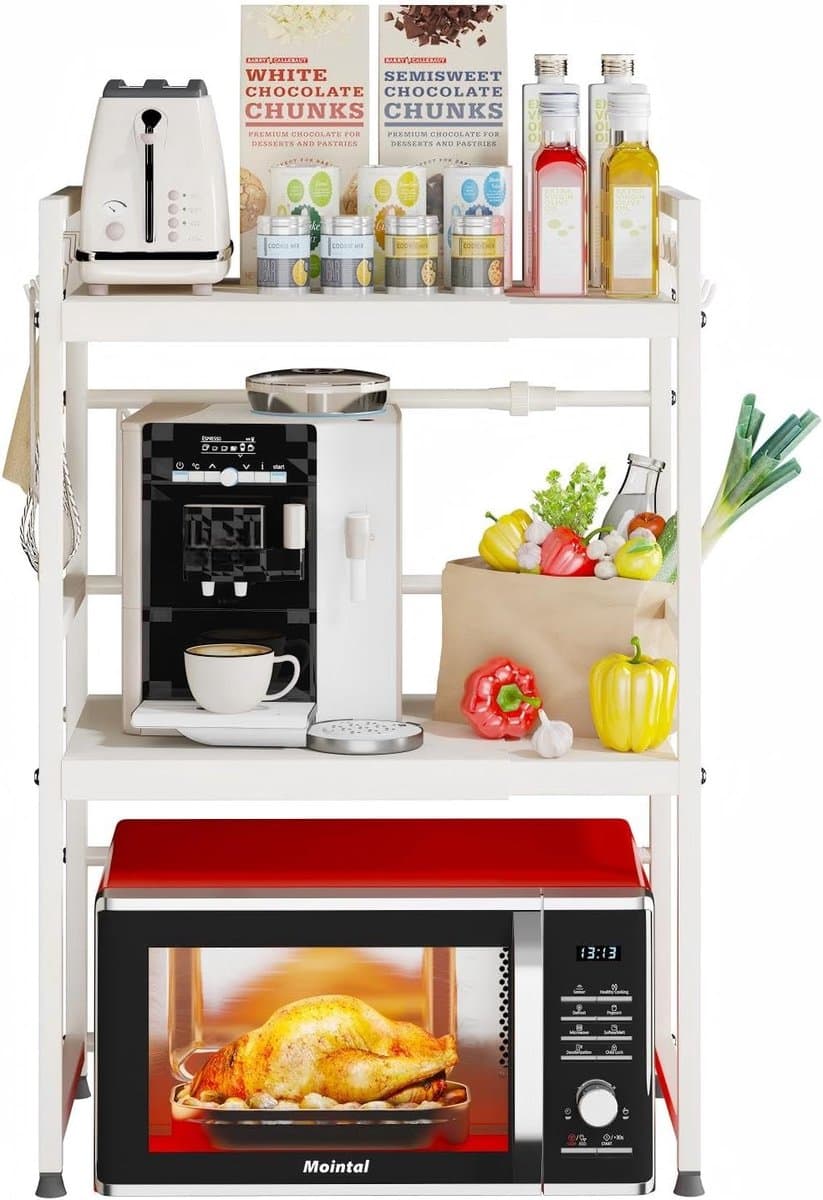 SnelShoppen - Expandable Microwave Rack - 3-Layer Keuken Magnetron Stand - Carbon Staal Countertop Magnetron Houder - 8 Haakjes - Wit - Keuken/Dining — afbeelding 1