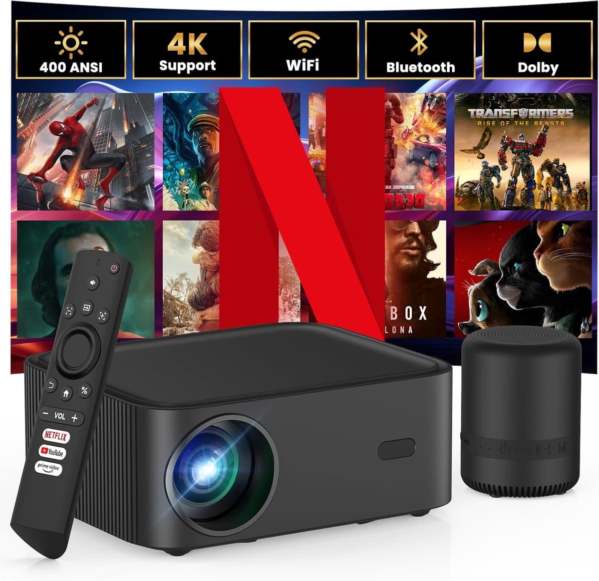 SnelShoppen - Mini Beamer Draagbaar Full HD 1080P met Netflix, Dolby Audio, Wifi, Bluetooth, 200-inch Projectie voor Thuisbioscoop, Camping, Feest, Yo — afbeelding 1