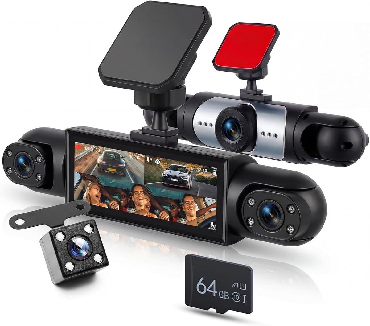 SnelShoppen - Rimoody Dashcam Auto 4 Camera's met Nachtzicht, Bewegingsdetectie, Parkeermodus 24/7, 3,16 inch IPS Display, 1080P, Ondersteuning 64GB G — afbeelding 1