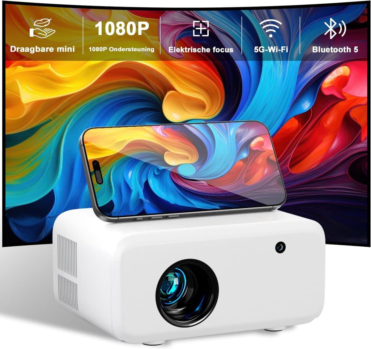 Projector Draagbare, Visulapex V3 PRO Beamer 12000 Lumen Ondersteuning FHD 1080P, 50% Zoom en Elektrische Focus, 5G WiFi Bluetooth Projector voor iOS/Android/TV Stick/HDMI/USB — afbeelding 1