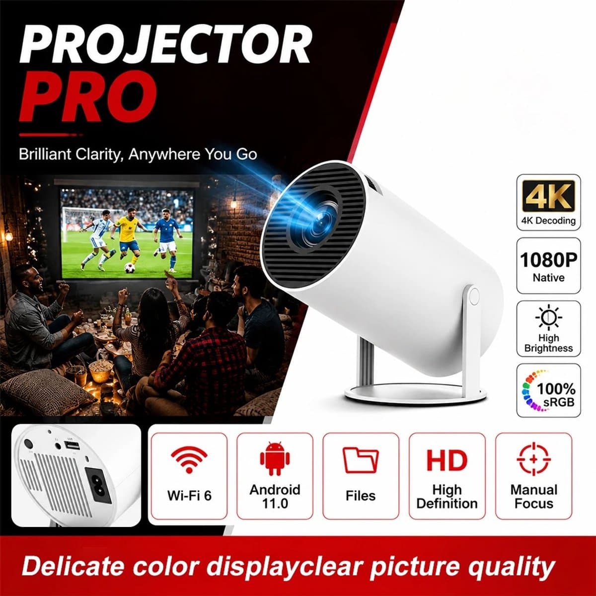 Sterrenvuur Mini Smart Projector - Beamer - Native 720P HD - 4K Decode - Android 11 met WiFi 6 & Auto Keystone — afbeelding 1