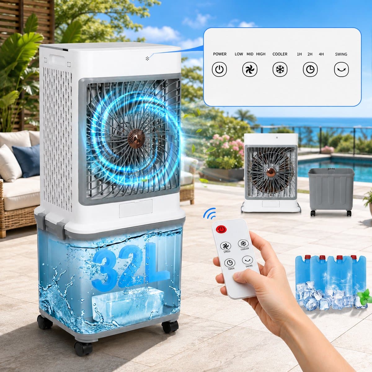 MUPOO Mobiele Aircooler 32L Watertank- Airco Zonder Afvoerslang - 4-in-1 Luchtkoeler met Water - Koelen, Ventileren,Koelventilator- Aircooler met 4 Koelelementen - Afstandsbediening - Stil 50 dB -voor Woonkamer, Slaapkamer, Kantoor en Garage — afbeelding 1