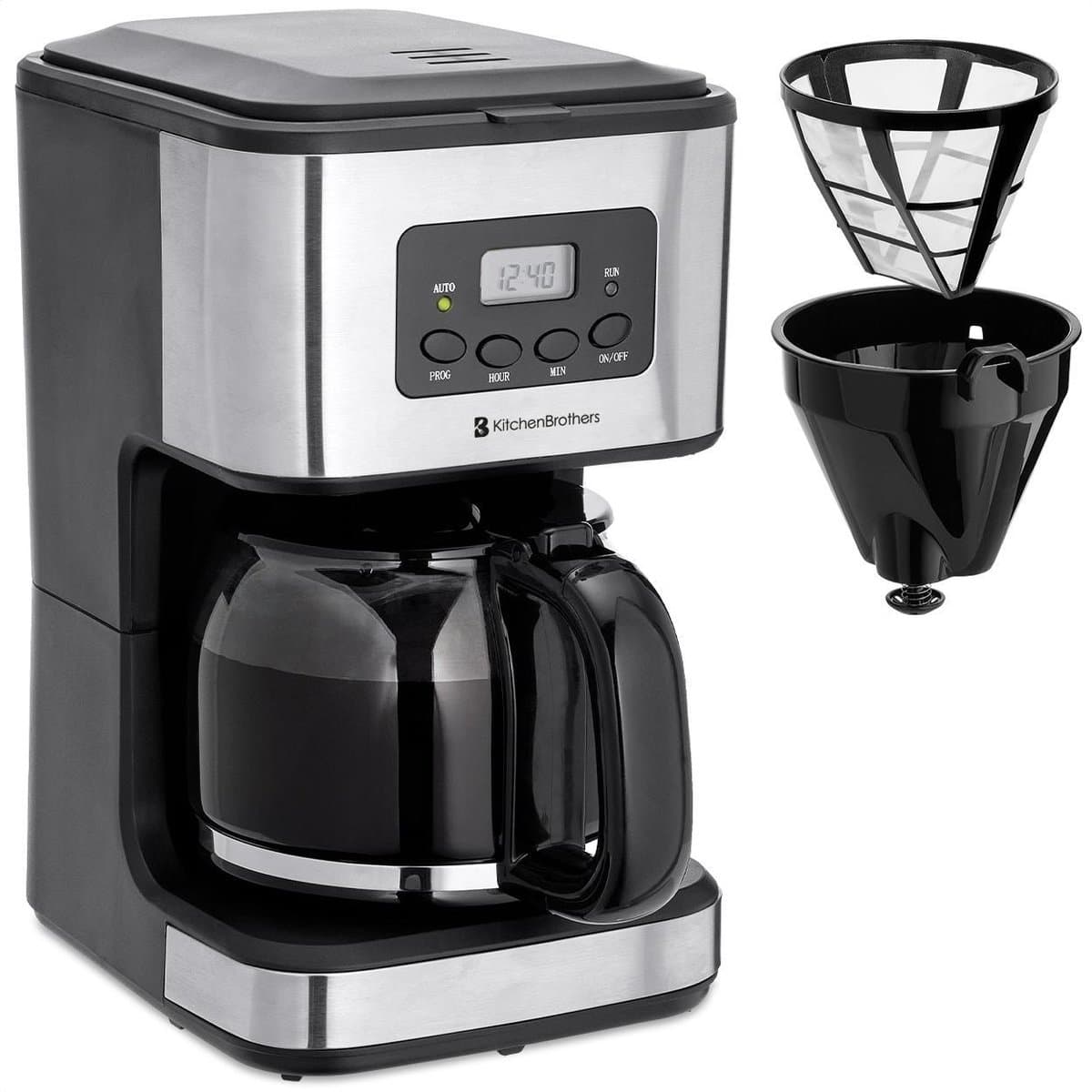 KitchenBrothers Koffiezetapparaat - Filterkoffie - BPA Vrij - 1,5 Liter Glazen Kan voor 12 Koppen Koffie - Timerfunctie - LCD-display - Zwart/RVS — afbeelding 1