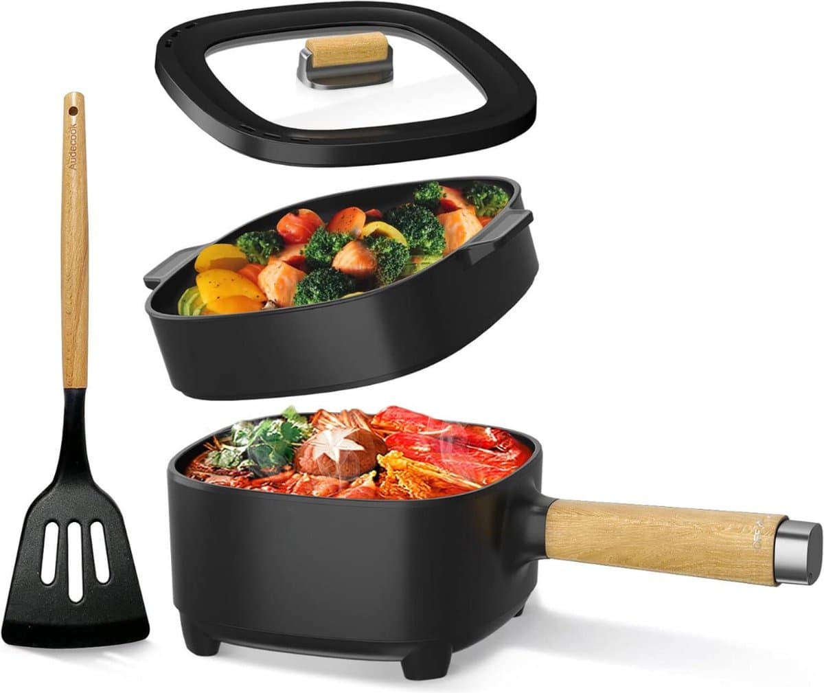 Hotpot Electrisch – Kaasfondue Pan Elektrische Multipan – Multifunctioneel 2L - Chinese Fondue 350/800Watt – Saute Pan – Friteuse – Hete Pan- Stomer – Langzame Kookplaat – Gemakkelijk Schoon te Maken - Zwart — afbeelding 1