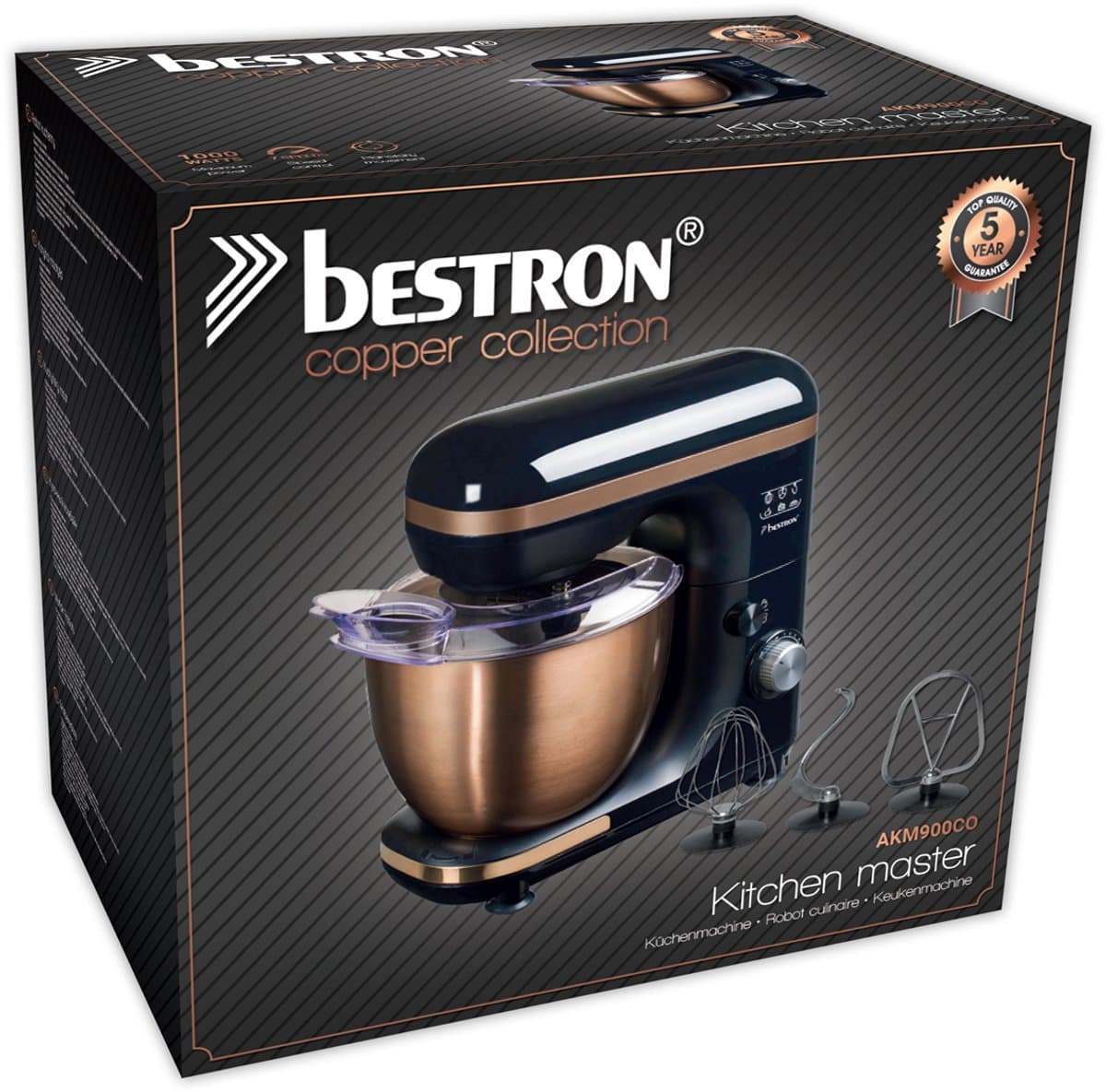 Bestron 4-in-1 Keukenmachine, 7 Snelheidsstanden, incl. Garde, Kneedhaak en Mengarm, met spatscherm & mengkom van 2,5 liter, 1000W, kleur: koper — afbeelding 1