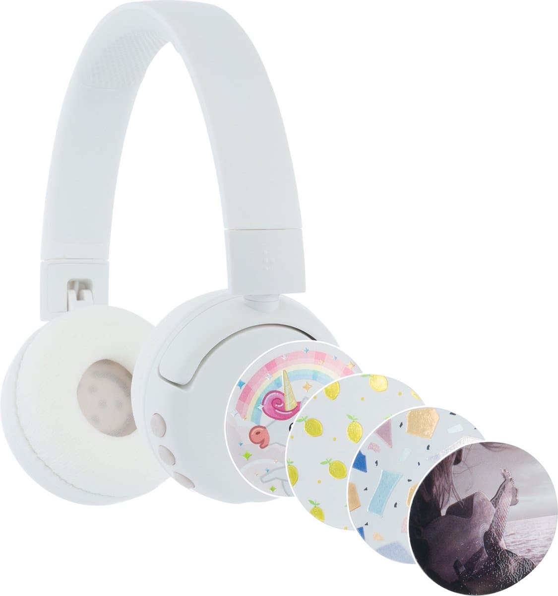 BuddyPhones PopFun Koptelefoon Kinderen - Kinder Koptelefoon Draadloos – Volumelimiet 84/95 dB – 24 uur batterijduur – Bluetooth Hoofdtelefoon - Ingebouwde microfoon - Inclusief Leuke Stickers - Wit — afbeelding 1