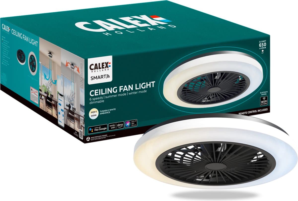 Calex Slimme Plafondventilator met verlichting - App bedienbaar - Afstandsbediening - Zomer en Winterfunctie - 50cm - Stille ventilator - Schema's en timers — afbeelding 1