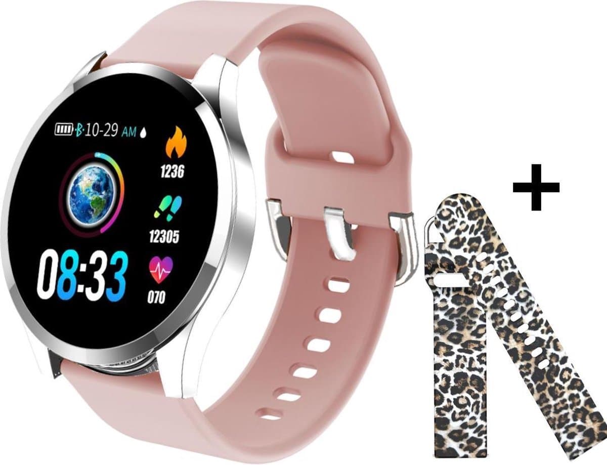 Belesy® BQSiZiPk - Limited edition - Smartwatch Dames - Smartwatch Heren - Horloge - Stappenteller - 1.3 inch - Kleurenscherm - 10x Sporten - INDOOR en OUTDOOR - Zilver - Siliconen - Roze - extra polsband Panterprint - Moederdag — afbeelding 1