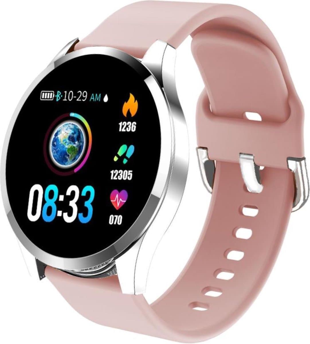Belesy® BQSiZiPk - Limited edition - Smartwatch Dames - Smartwatch Heren - Horloge - Stappenteller - 1.3 inch - Kleurenscherm - 10x Sporten - INDOOR en OUTDOOR - Zilver - Siliconen - Roze - Moederdag — afbeelding 1
