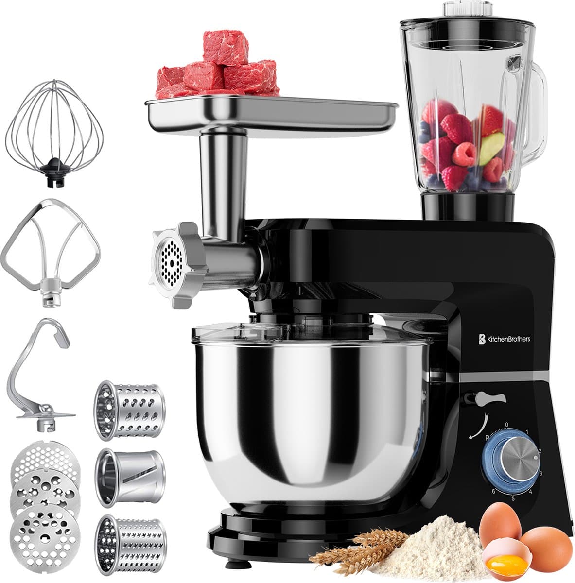KitchenBrothers Keukenmachine - Keukenrobot - 6-in-1 Keukenmixer - Met Gehaktmolen, Blender en 15 Accessoires - 6,2L RVS Kom - Zwart — afbeelding 1