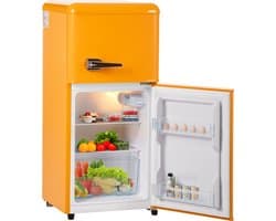 Sweiko Mini koelkast, Koel-vriescombinatie, Retro koelkast, 86.8*45.5 cm, dubbele deur, Totaal volume van 60L, Vrieskamer capaciteit van 22L, 163 kWh/jaar, -27° C~13° C, LED licht, Geel, Energieniveau F
