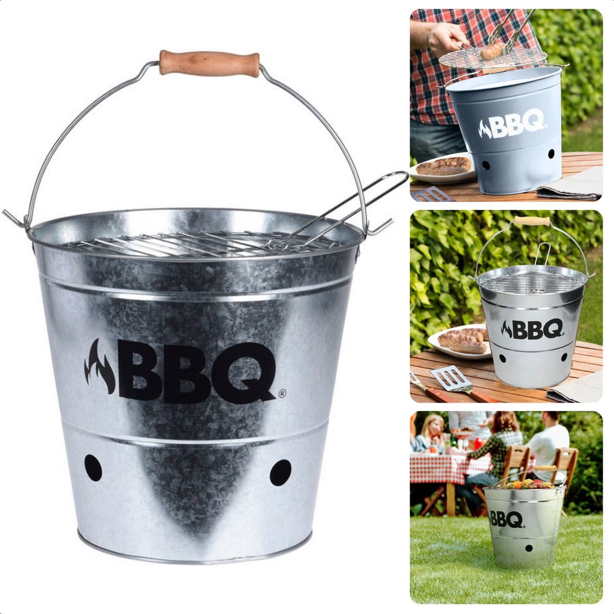 BBQ Emmer - Barbecue Emmer - Portable BBQ - Zink - 19 cm - Met Handgreep - Houtskoolbarbecue - Inclusief EBOOK — afbeelding 1