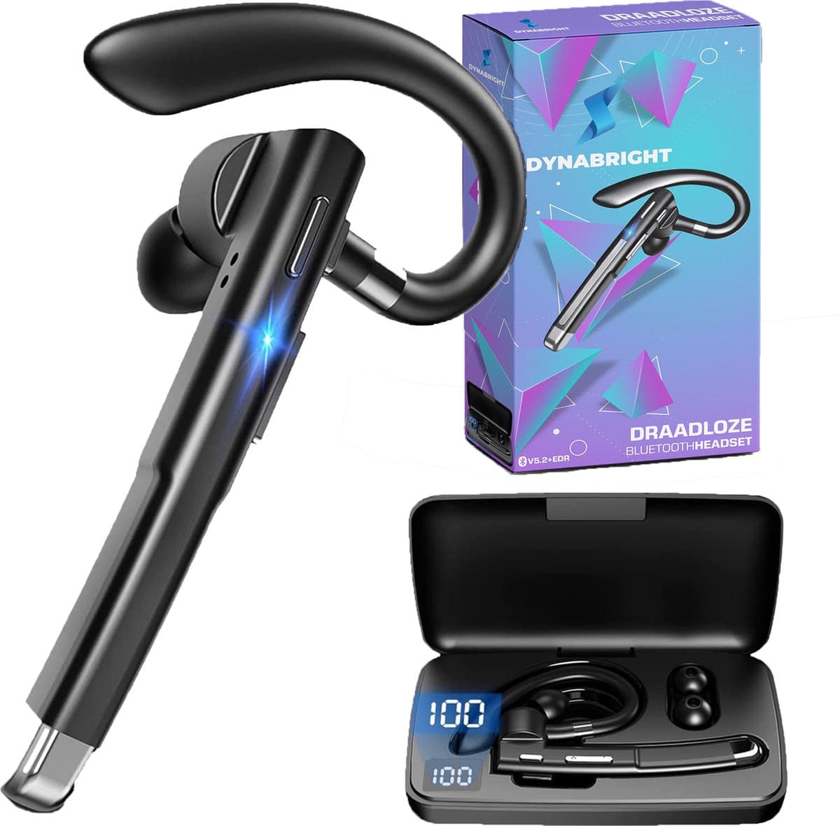 Dynabright Draadloze Headset – Noise Canceling - Handsfree bellen – Incl Oplaadkoffer - Bluetooth Headset met Microfoon - Oortjes draadloos met microfoon — afbeelding 1