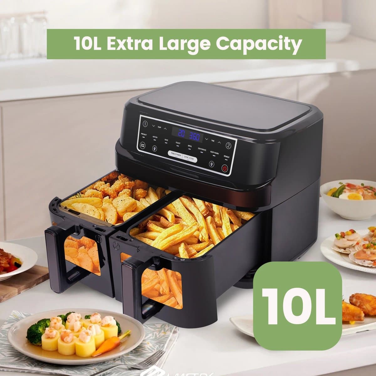 Mygroot - Heteluchtfriteuse 2 kamers - Met kijkvenster - 10 liter - Dubbele lades - Hete-lucht friteuse met touchscreen - 8 automatische programmas. — afbeelding 1