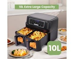 Mygroot - Heteluchtfriteuse 2 kamers - Met kijkvenster - 10 liter - Dubbele lades - Hete-lucht friteuse met touchscreen - 8 automatische programmas.