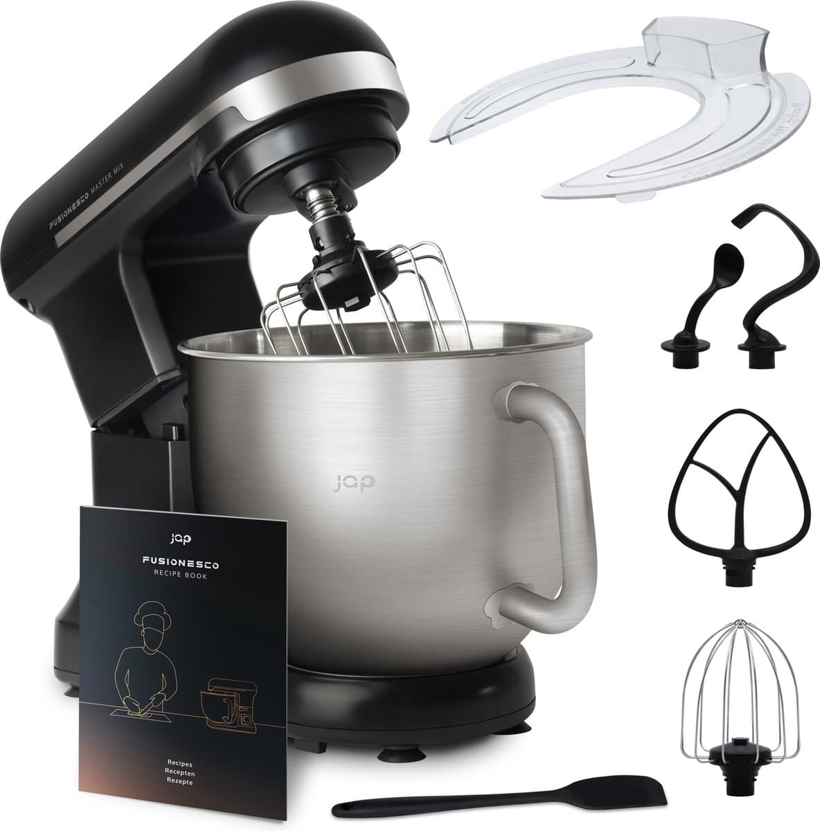 JAP Appliances Mastermix - Keukenmachine (1000W) - Keukenrobot met 6 snelheden en pulse-functie - Keukenmixer met (5.7) liter mengkom - Inclusief pannenlikker - Aluminium behuizing - Mat zwart — afbeelding 1