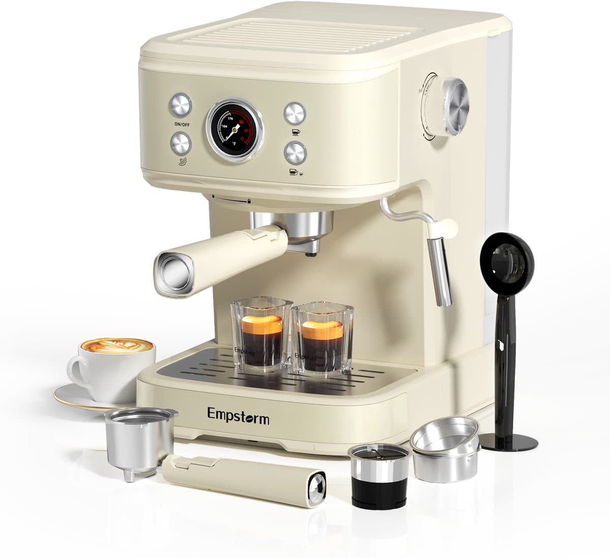 Empstorm Semi‑automatische espressomachine - 20Bar Druk - PID Temperatuurregeling Geschikt voor gemalen koffie & capsules - 1,5L Watertank -wit — afbeelding 1