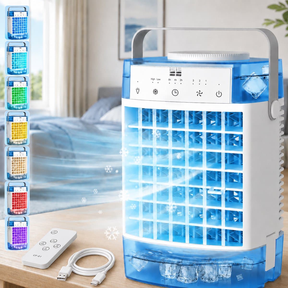 Rosnek 4-in-1 Mini Airco & Luchtkoeler - Aircooler Zonder Afvoerslang met 1600ML Dubbel Waterreservoir - Tafelventilator met Luchtbevochtiger & Nachtlampje - USB - Draagbaar voor Slaapkamer & Kantoor - Blauw — afbeelding 1