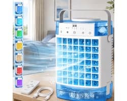 Rosnek 4-in-1 Mini Airco & Luchtkoeler - Aircooler Zonder Afvoerslang met 1600ML Dubbel Waterreservoir - Tafelventilator met Luchtbevochtiger & Nachtlampje - USB - Draagbaar voor Slaapkamer & Kantoor - Blauw