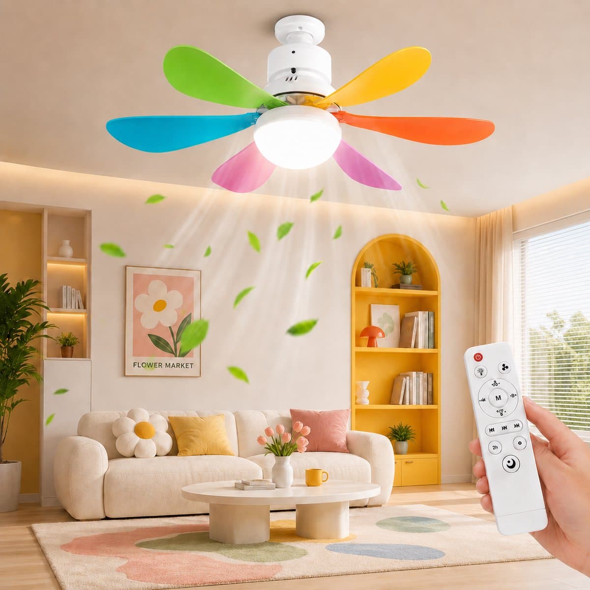 MUPOO E27 Plafondventilator met Lamp Ø52 cm - Ventilatorlamp met Afstandsbediening - 3 Kleurtemperaturen - 3 Snelheden - Timer en Geheugenfunctie - Stil DC Motor -Voor Slaapkamer Kinderkamer- kleurrijk — afbeelding 1