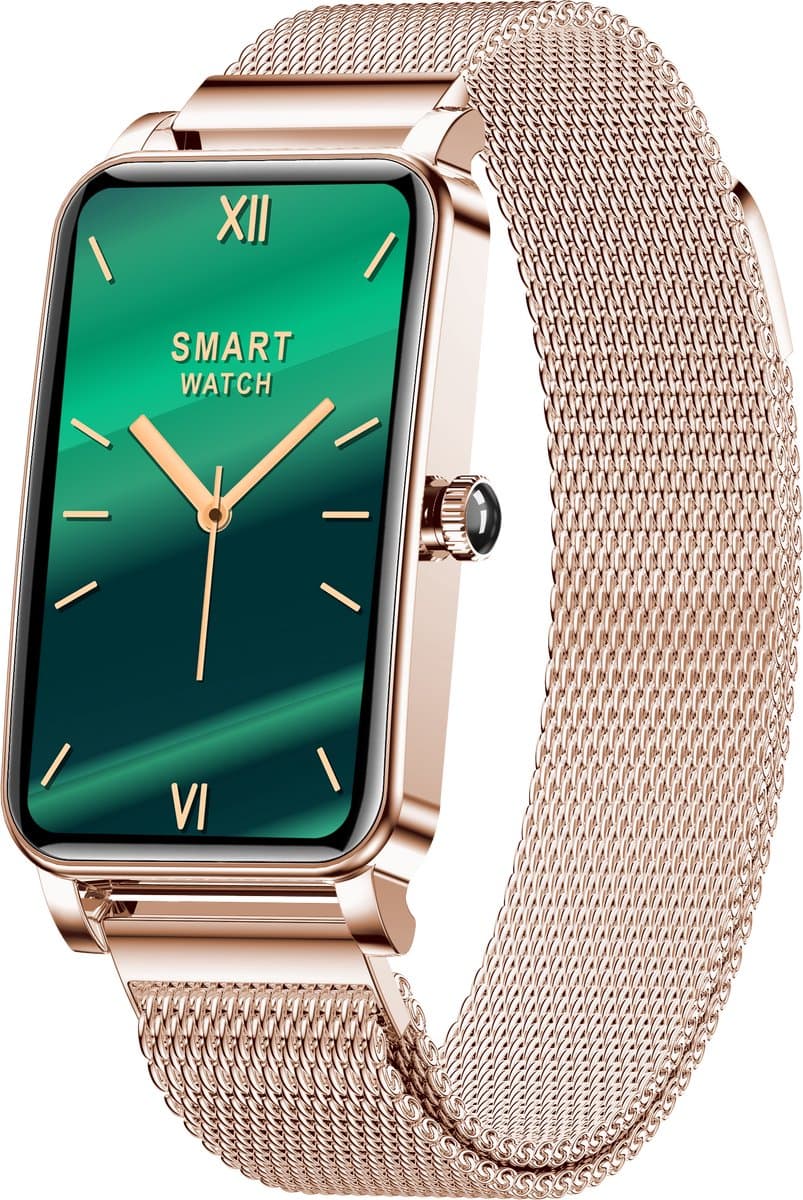 Knobbout Smartwatch met 1.45” Scherm (3,7 x 2,5 cm) HD Touchscreen – Hartslag, Bloeddruk, Zuurstofmeting – 12 Sportmodi – IP68 Waterdicht – Compatibel met Android & iOS - Rosegouden stalen band — afbeelding 1