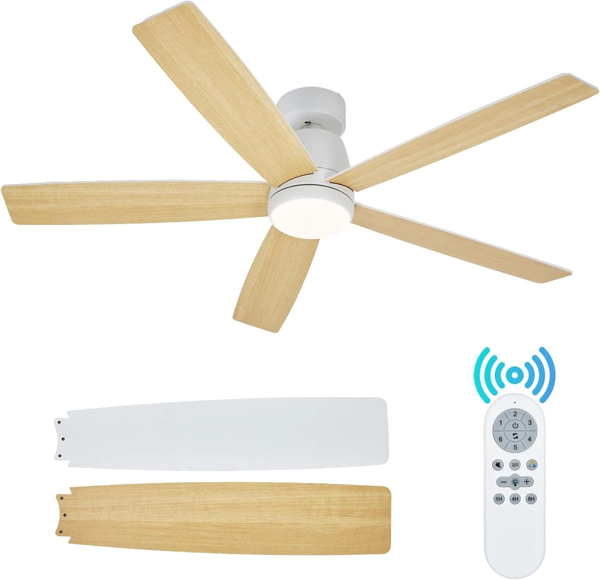 Moderne plafondventilator 52 inch met dimbare LED-verlichting – Stille omkeerbare DC-motor – 3 instelbare kleurtemperaturen – Met afstandsbediening – Energiezuinig – Laaghangende inbouwmontage – 132×132×26 cm – Wit — afbeelding 1