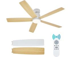 Moderne plafondventilator 52 inch met dimbare LED-verlichting – Stille omkeerbare DC-motor – 3 instelbare kleurtemperaturen – Met afstandsbediening – Energiezuinig – Laaghangende inbouwmontage – 132×132×26 cm – Wit