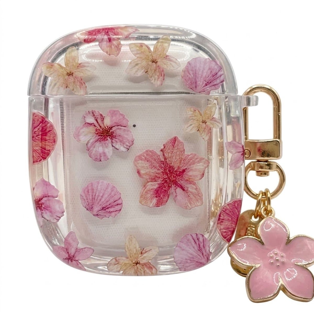 Transparant roze hoesje voor oordopjes dames met bloemen patroon en decoratieve hanger geschikt voor AirPods 4 met ronde vorm en goudkleurige clip — afbeelding 1