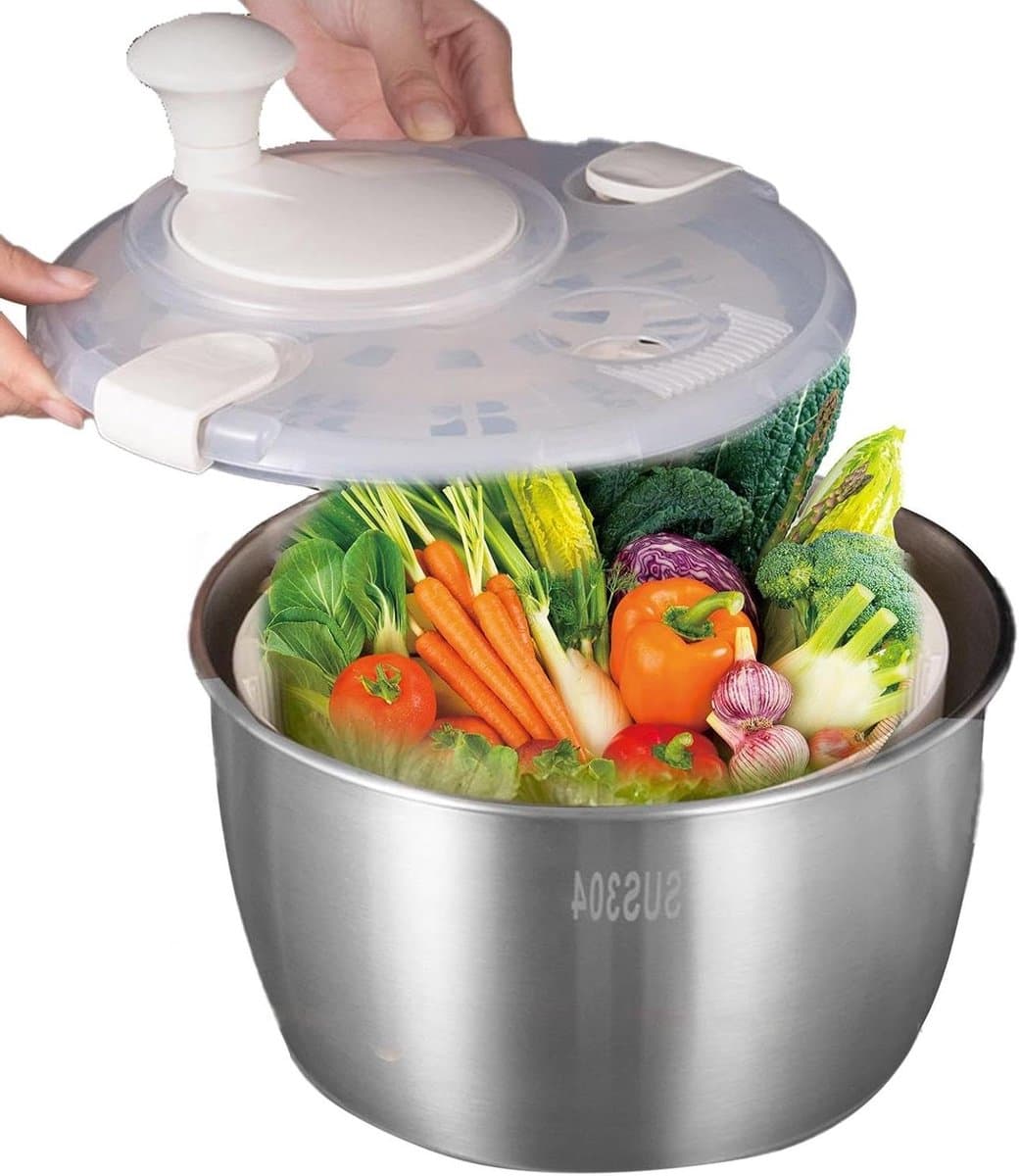 Salade Spinner - Groente Droger - Groenten Wassen - Roestvrij Staal - 5 Liter Capaciteit - Zilver — afbeelding 1