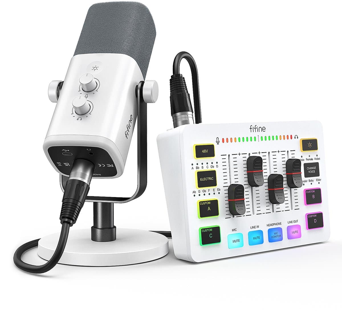 FIFINE KS-5 - Starterspack - AM8 & SC3 - Podcast Starterspack - Gaming Streaming - USB RGB Microfoon - Streaming Deck - DJ Mixer - Wit — afbeelding 1
