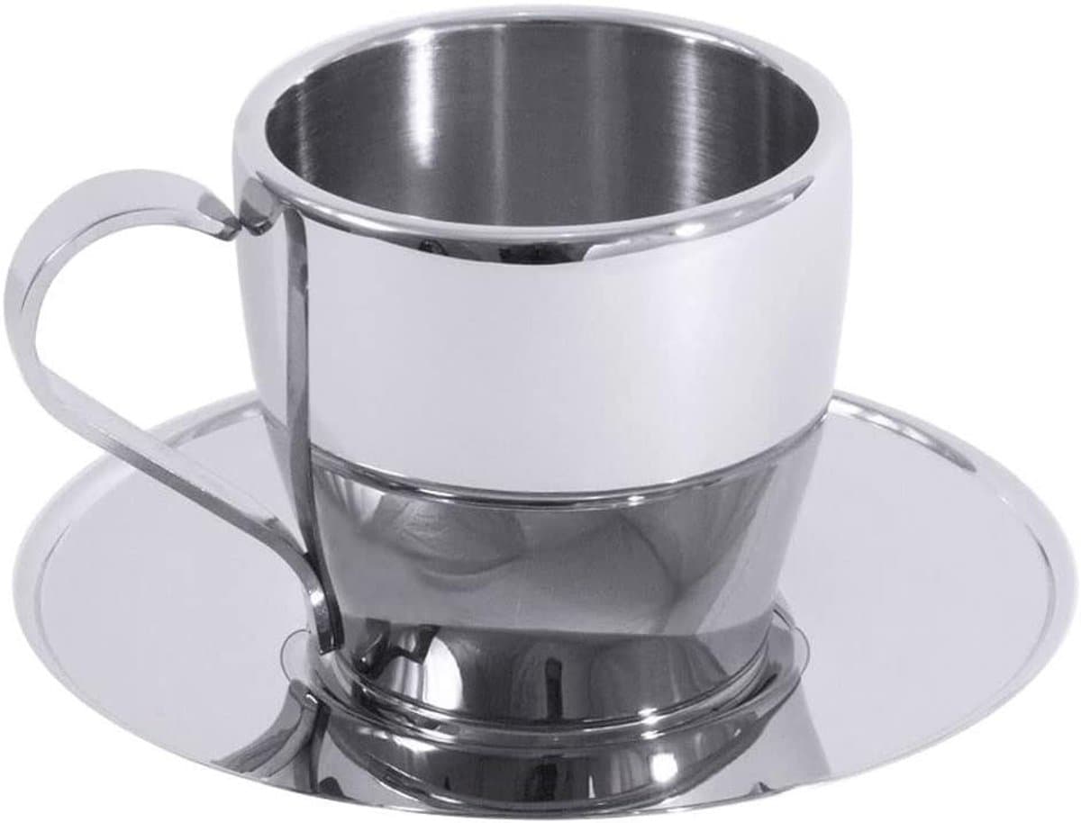 Espresso mokkakop - Kop met schotel - Genieten van koffie - Dubbelwandig ontwerp - 80 ml - Zilverkleurig — afbeelding 1