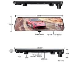 Dashcam voor Auto - 10 Inch Touchscreen Spiegelcamera - 1080P AHD Dashcam - Nachtzicht - Groothoek 170° - Parkeermodus - Inclusief 6M RCC BL - Zwart