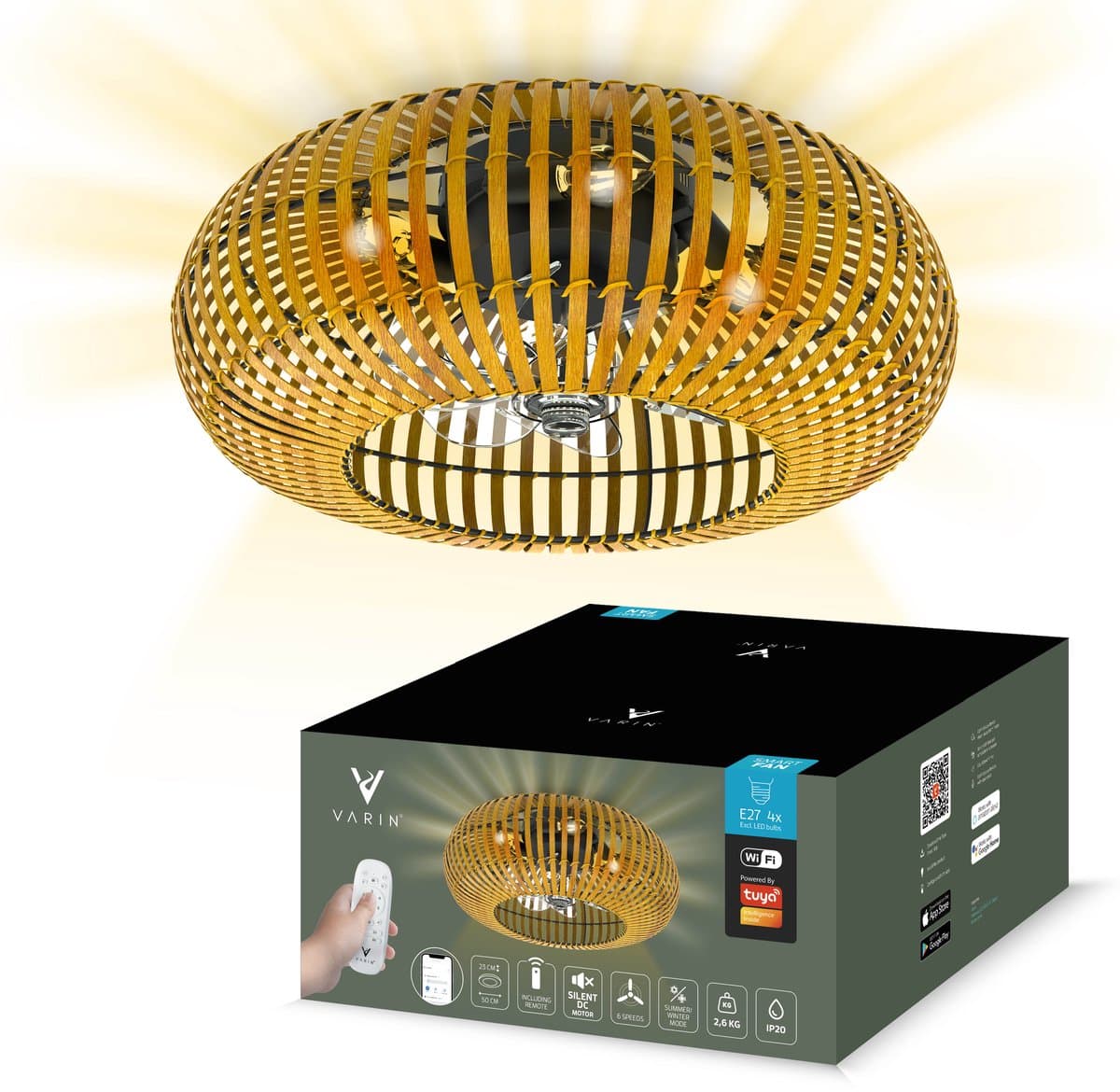 Varin® Smart Plafondlamp met ventilator - Bamboe - Tuya Wifi - Ø 50cm - Plafondventilator met verlichting - Smart lamp slaapkamer - Plafonniere kinderkamer - Plafondlampen industrieel - Plafond lamp - Afstandsbediening - Plafond met ventilator — afbeelding 1
