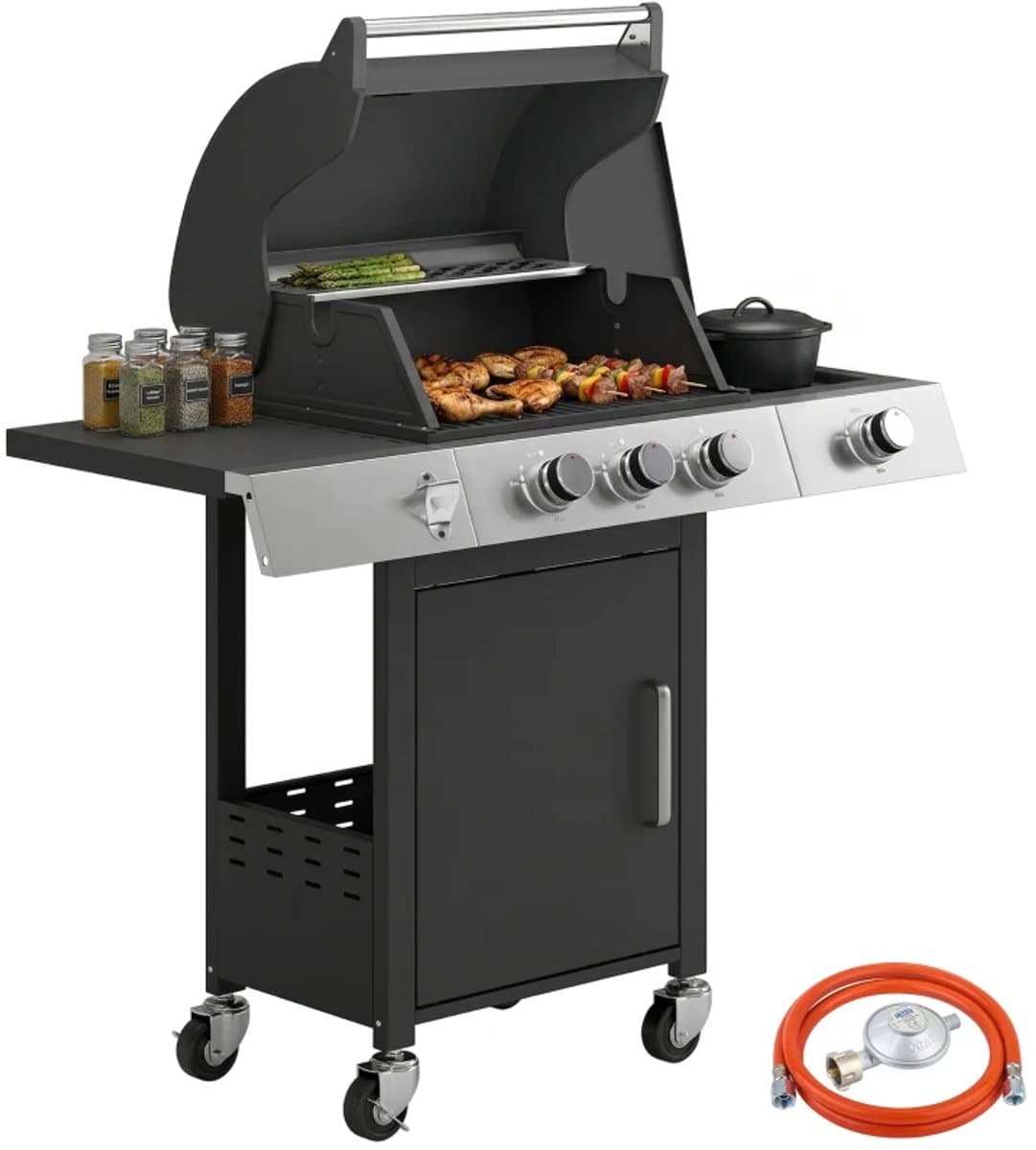 Gasbarbecue - Gasbarbecue en grill - 3+1 Branders - 10,5 kW - Grillwagen - Barbecuewagen - met Grillrooster, Wielen, Bijzettafels, Thermometer, Opvangbak en Warmhoudplaten - 109 x 50 x 109 cm - Zwart — afbeelding 1