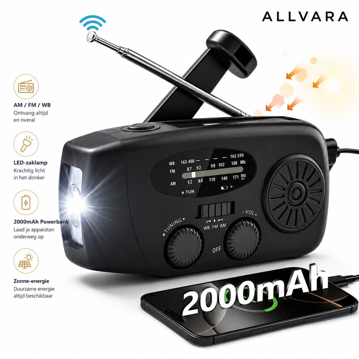 Allvara® Multifunctionele Noodradio - Powerbank - Opwindbaar - Solar/Zonne energie - LED Zaklamp - USB C - SOS alarm - Draagbare radio - Noodpakket — afbeelding 1