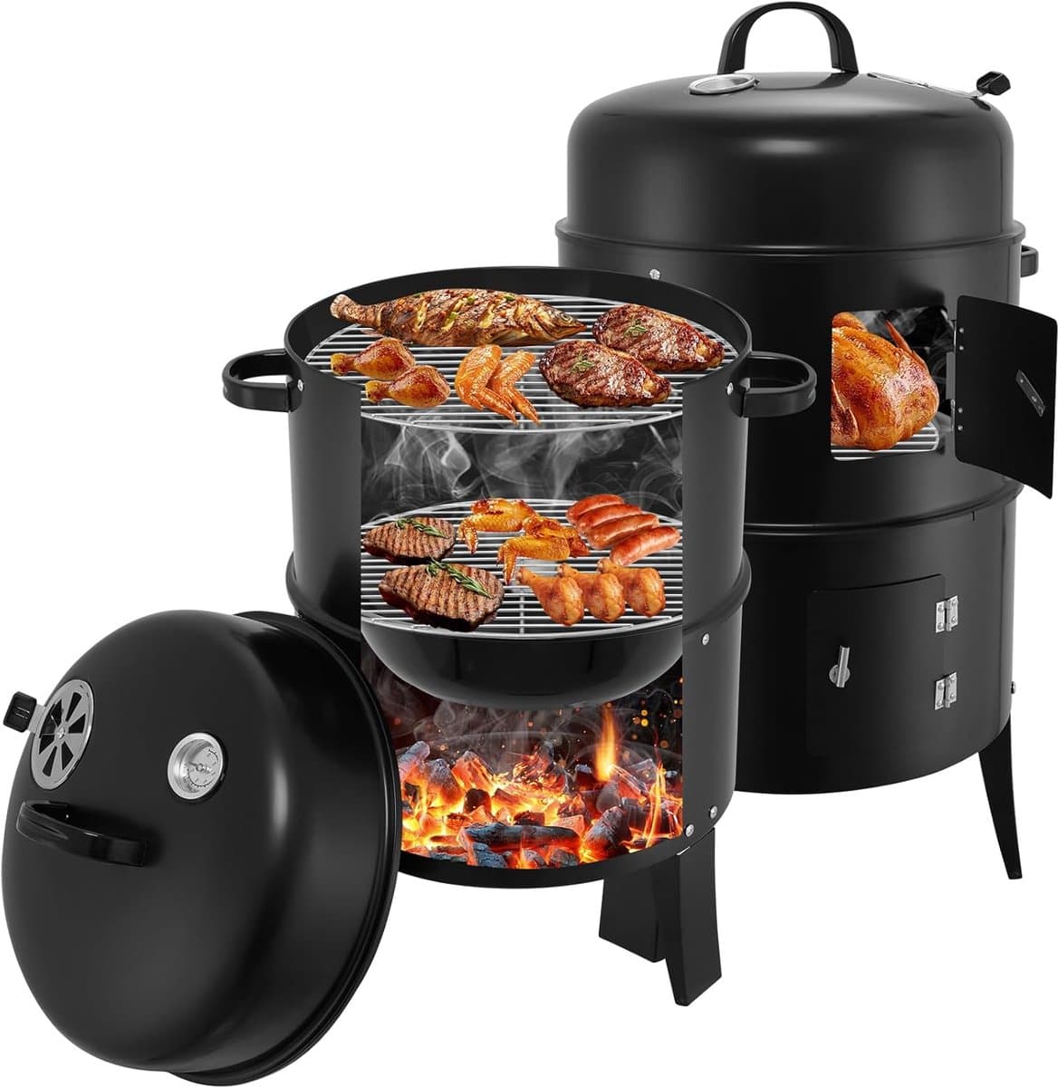 SMH LINE® Rookoven - Chef Smoker - BBQ Grill - 3in1 Multifunctionele barbecue - Ø40xH85cm - Rook /Grilloven - Incl. Thermometer - Zwart — afbeelding 1