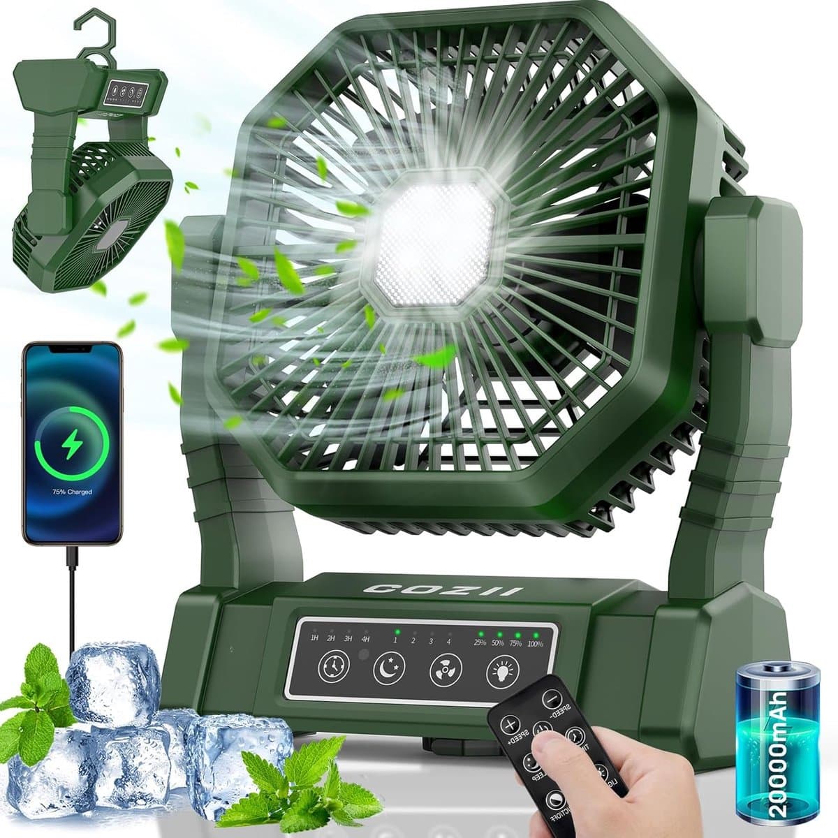 Campingventilator, 20.000 mAh, Tafelventilator, USB-ventilator, Batterij met verlichting, 4 snelheden, 4 timers, Afstandsbediening, Buitenventilator, Stil, met ophanghaken, voor kamperen, picknick. — afbeelding 1