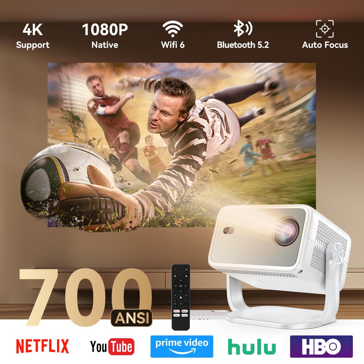 Huidun PT10 Beamer - 700ANSI - WiFi 5 - Autofocus - Automatische trapeziumcorrectie - Android 13 - Whale OS - Officiële Netflix, YouTube en Disney+ - Compact en draagbaar - Laag geluidsniveau - Thuisbioscoop en buitengebruik - Wit — afbeelding 1