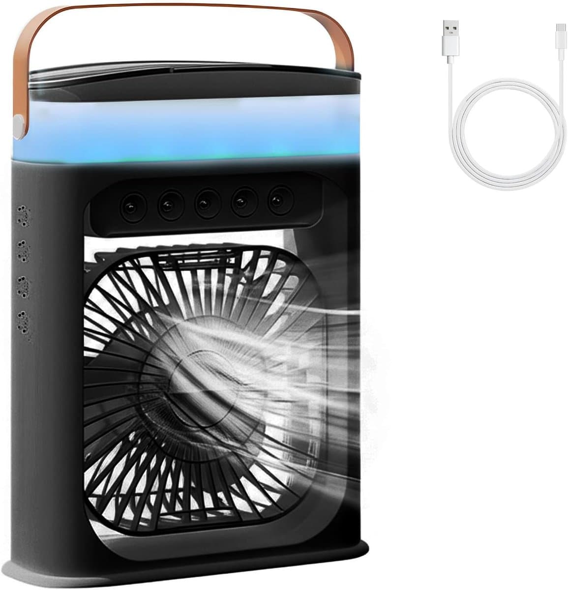 Mobiele Airconditioning - Draagbare Luchtkoeler - Mini Airco - 4-in-1 Ventilator met USB - Luchtkoeler met 600ml Watertank - Kleine Airconditioning voor Slaapkamer & Camping - 3 Snelheden & 3 Nevelmodi - Met 6 Kleuren Nachtlampje — afbeelding 1