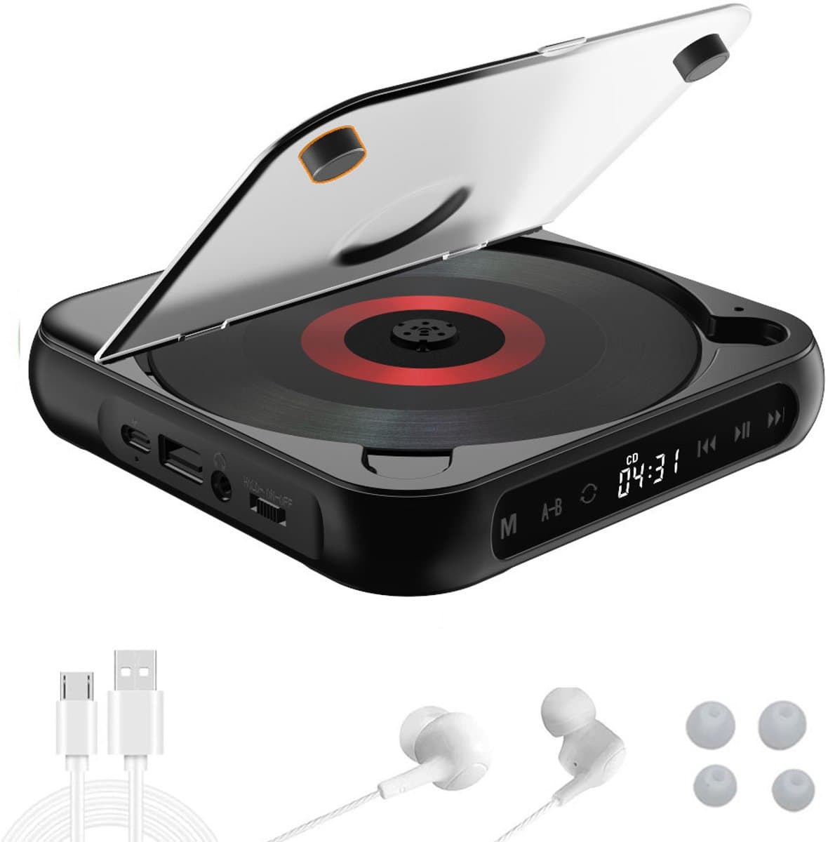 CD Speler - Draagbare Bluetooth-cd-speler met USB-C-snelladen - Ultradun en compact - Ondersteunt CD/CD-R/CD-RW/MP3/WMA-formaten - Geschikt voor zowel reizen als thuisgebruik - 3.5 MM AuxIngebouwde speaker - Met oortjes en datakabel - 2000mah — afbeelding 1