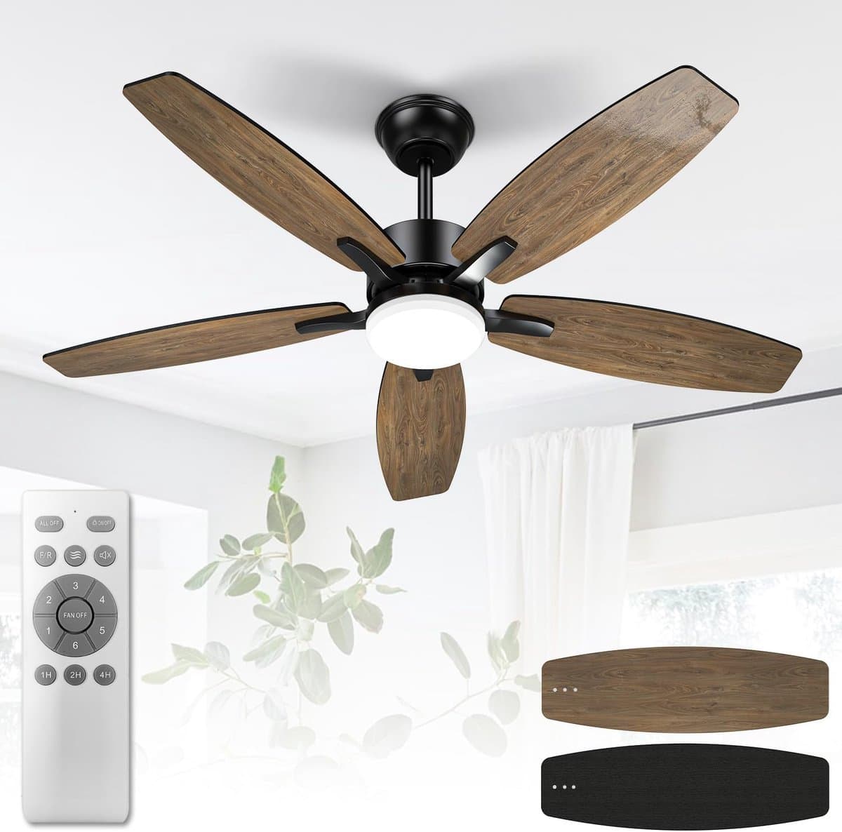 Plafondventilator met verlichting - Met Afstandsbediening - stille ventilator - 106 cm - plafondventilatoren - met 5 houten ventilatorbladen - houtnerf/zwart - voor slaapkamer en woonkamer — afbeelding 1