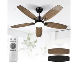 Plafondventilator met verlichting - Met Afstandsbediening - stille ventilator - 106 cm - plafondventilatoren - met 5 houten ventilatorbladen - houtnerf/zwart - voor slaapkamer en woonkamer