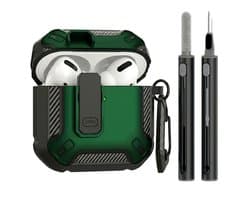 Groen hoesje voor oordopjes met cleaning kit – robuuste shockproof beschermhoes geschikt voor AirPods Pro 2 met clip en carbon look details