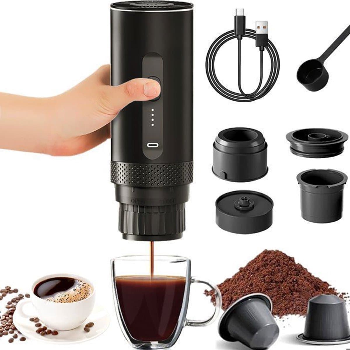 Draagbaar koffiezetapparaat, 20 bar druk, 2-in-1 koffiezetapparaat, automatische opwarmtijd van 4-6 minuten, grote capsules, gemalen koffie, zwarte koffie. — afbeelding 1
