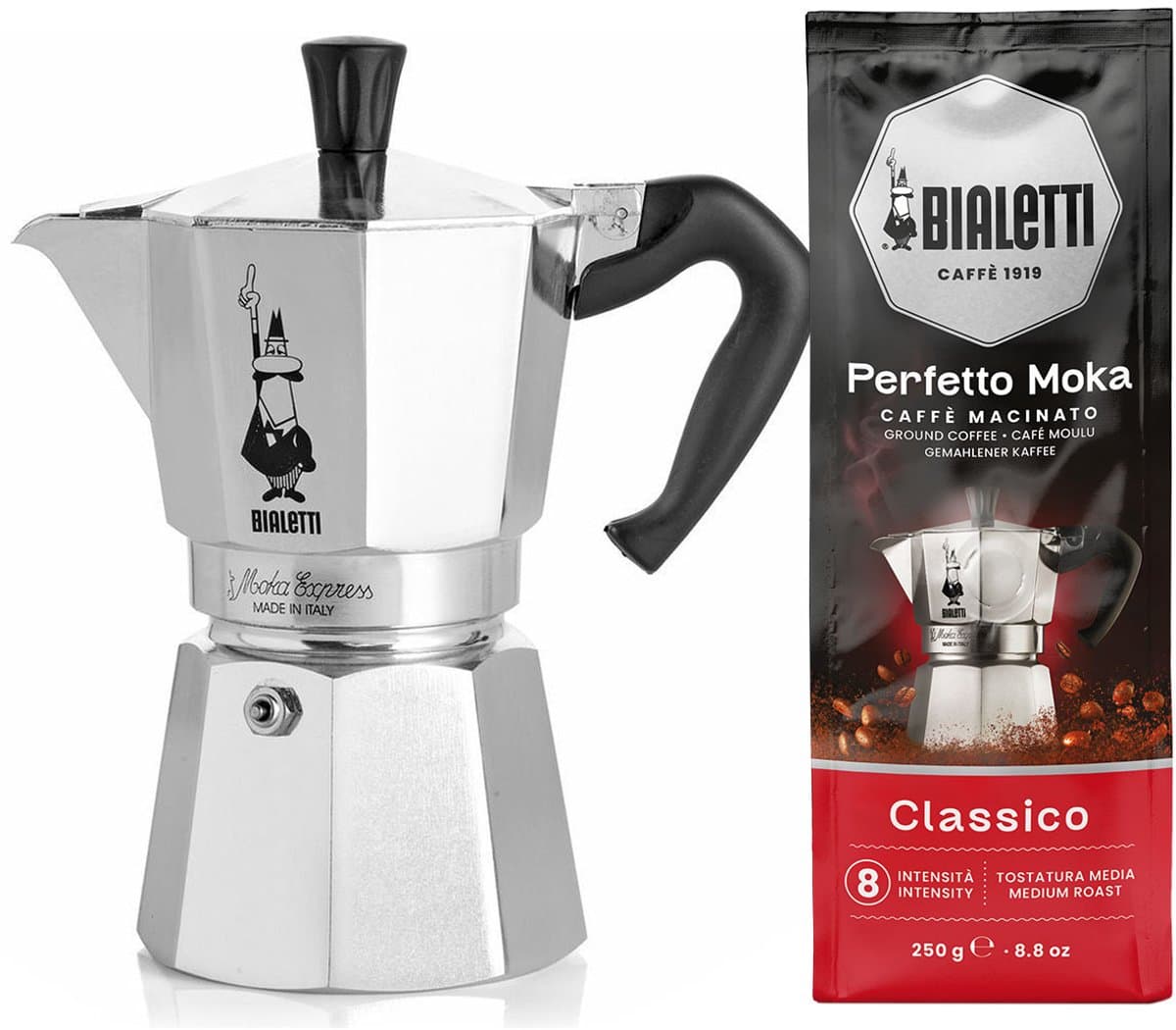 Bialetti Moka Express 3 kops + Bialetti Classico gemalen koffie 250gr — afbeelding 1
