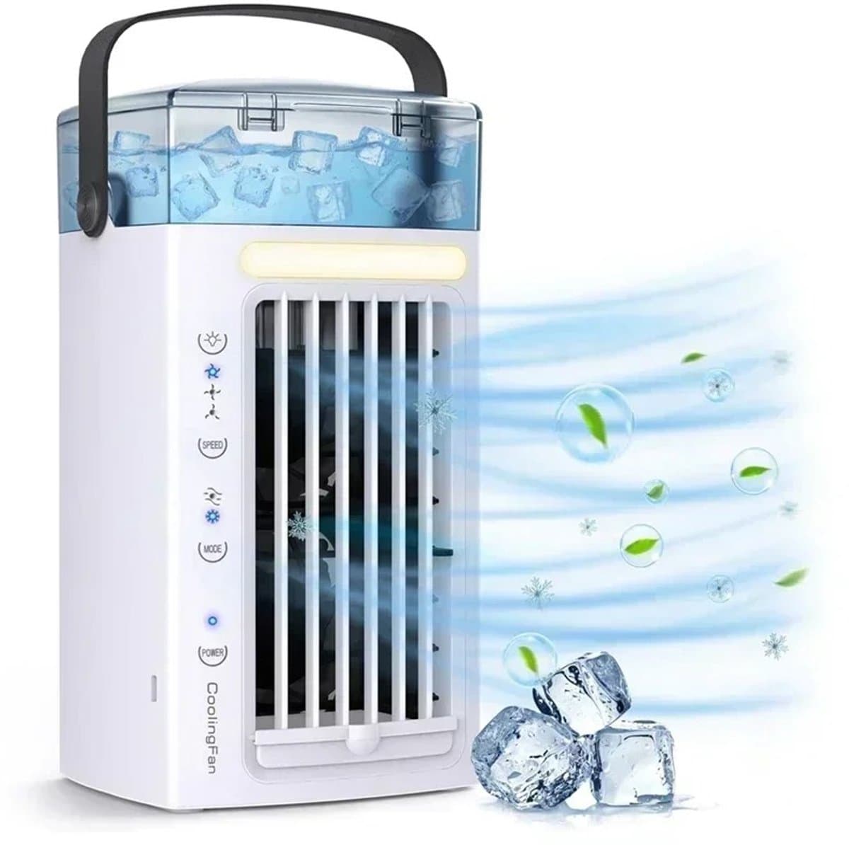 Linkforu - 3-in-1 Luchtkoeler - Luchtbevochtiger - Ventilator Tafelmodel - Watertank 480 ML - 3 Standen - 7 Kleuren LED-Nachtlamp — afbeelding 1