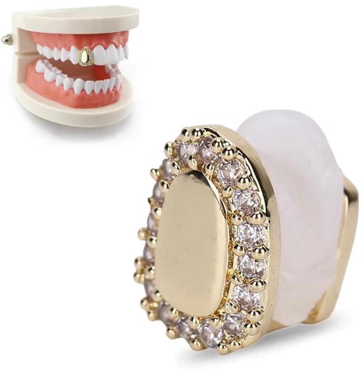 Enkele tand bling tanden, tand accessoire decoratie voor Halloween feest hiphop show, rapper kostuum tand sieraden en accessoires (enkele deur diamant goud) — afbeelding 1