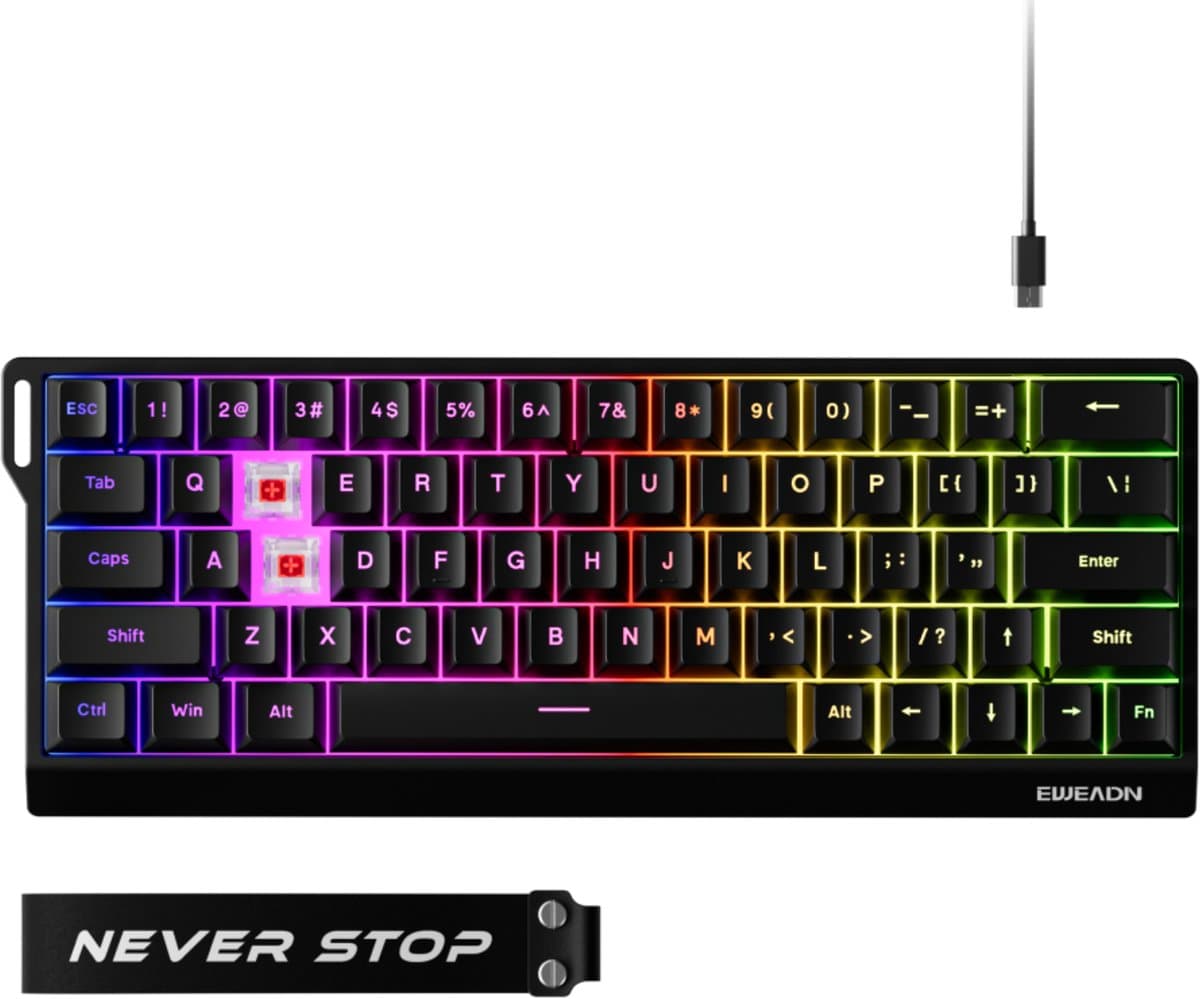 EWEADN DK63 Draadloos & Bedraad Mechanisch Gaming Toetsenbord 60% – RGB Toetsenbord – Rode Switches – Compact Mini Toetsenbord – Anti-Ghosting – Zwart — afbeelding 1