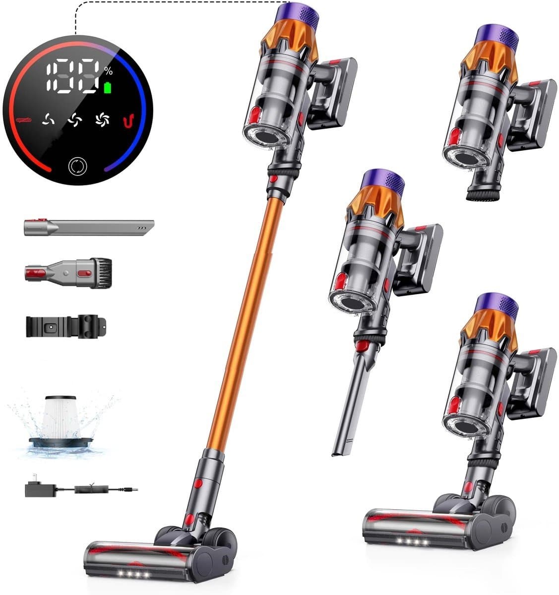 Swiss Haus® CVC2502 Draadloze Steelstofzuiger – 350W – 3-in-1 Vacuum Cleaner – HEPA Filter – LED Display – 40 Min Gebruikstijd – Stofzuiger Zonder Zak – 3 Snelheden - Wandhouder – Goud — afbeelding 1